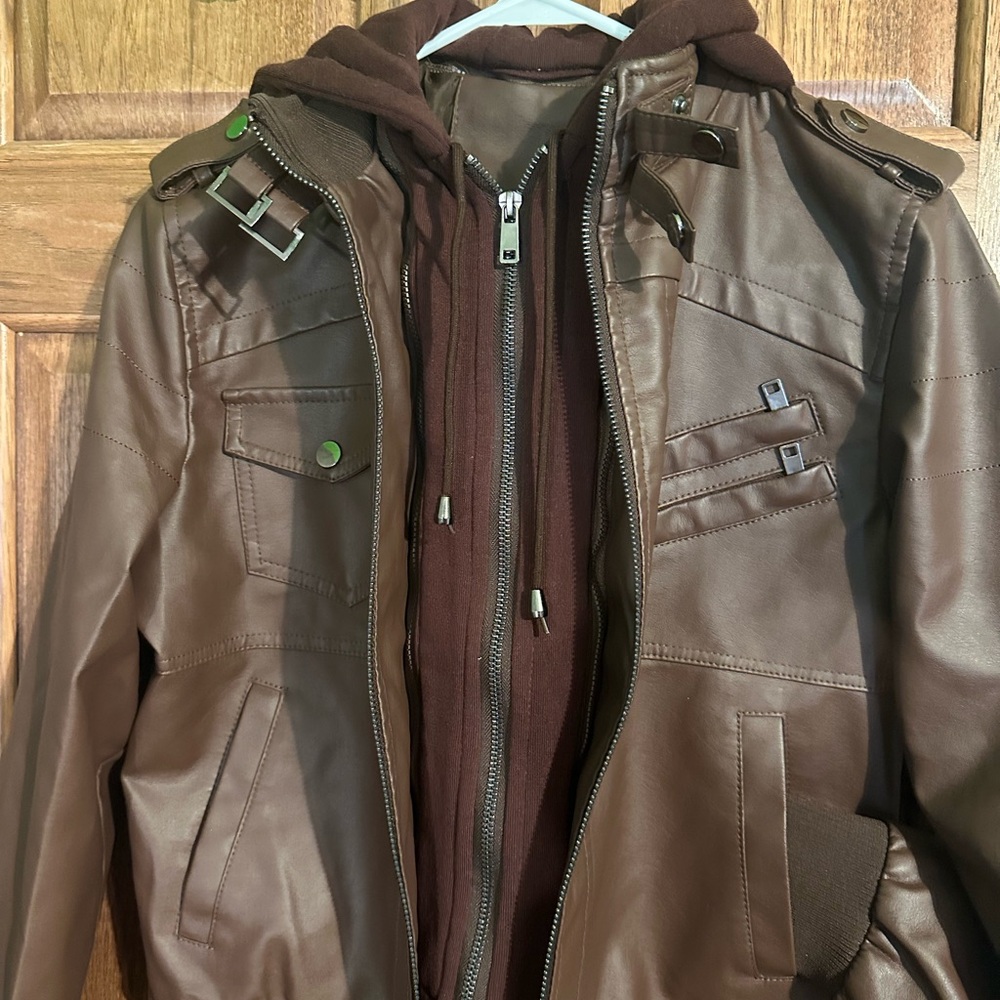 New never worn- Womens Brown Leather Jacket with Hood